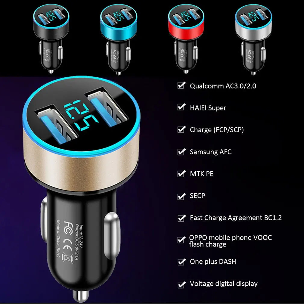 Digital Car Charger Dual USB Adapter Cigarette Lighter LED Voltmeter Portable Fast Charging 12V Output Port With LED Car Charger