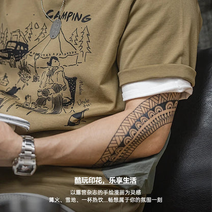 Maden Men's Outdoor Fun Print Short Sleeve T-shirts Khaki Military Camping Graphic Tee 2023 Summer Vintage Oversize Tops T Shirt