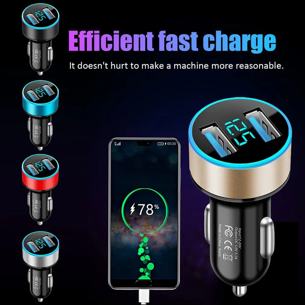Digital Car Charger Dual USB Adapter Cigarette Lighter LED Voltmeter Portable Fast Charging 12V Output Port With LED Car Charger
